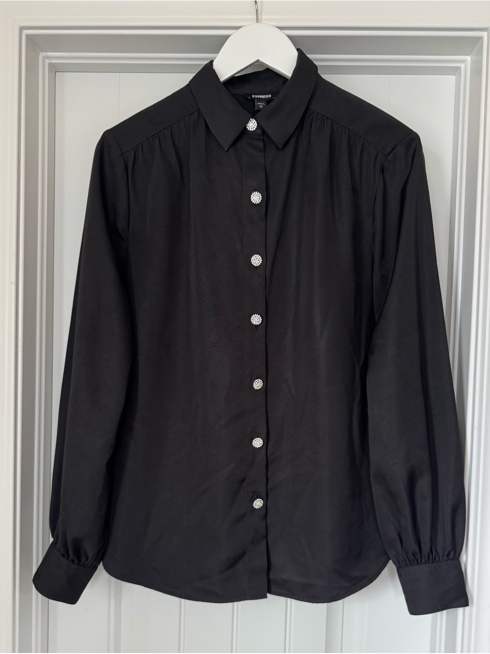 Express Black Button-Down Blouse with Rhinestone Buttons